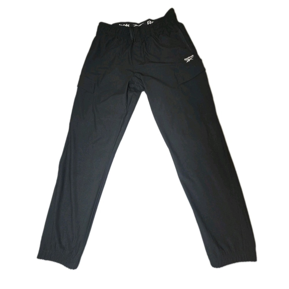 Reebok Mens L Black Cargo Sweatpants Straight Leg Drawstring Cotton Stretch